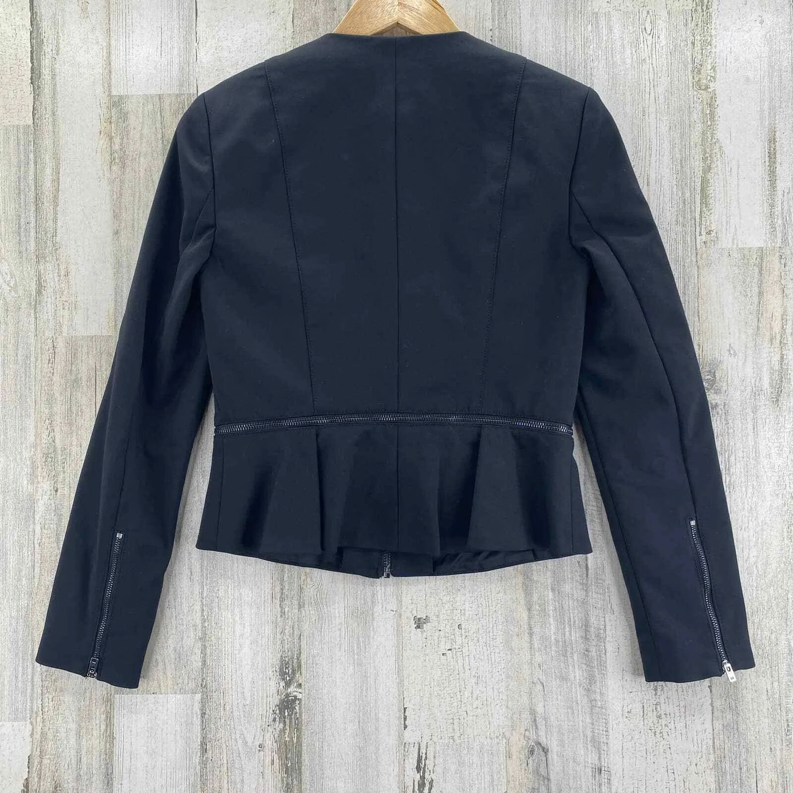Bebe Blazer Jacket Womens 6 Black Cotton Blend Full Zip Peplum Hem Zipper Detail - Image 8