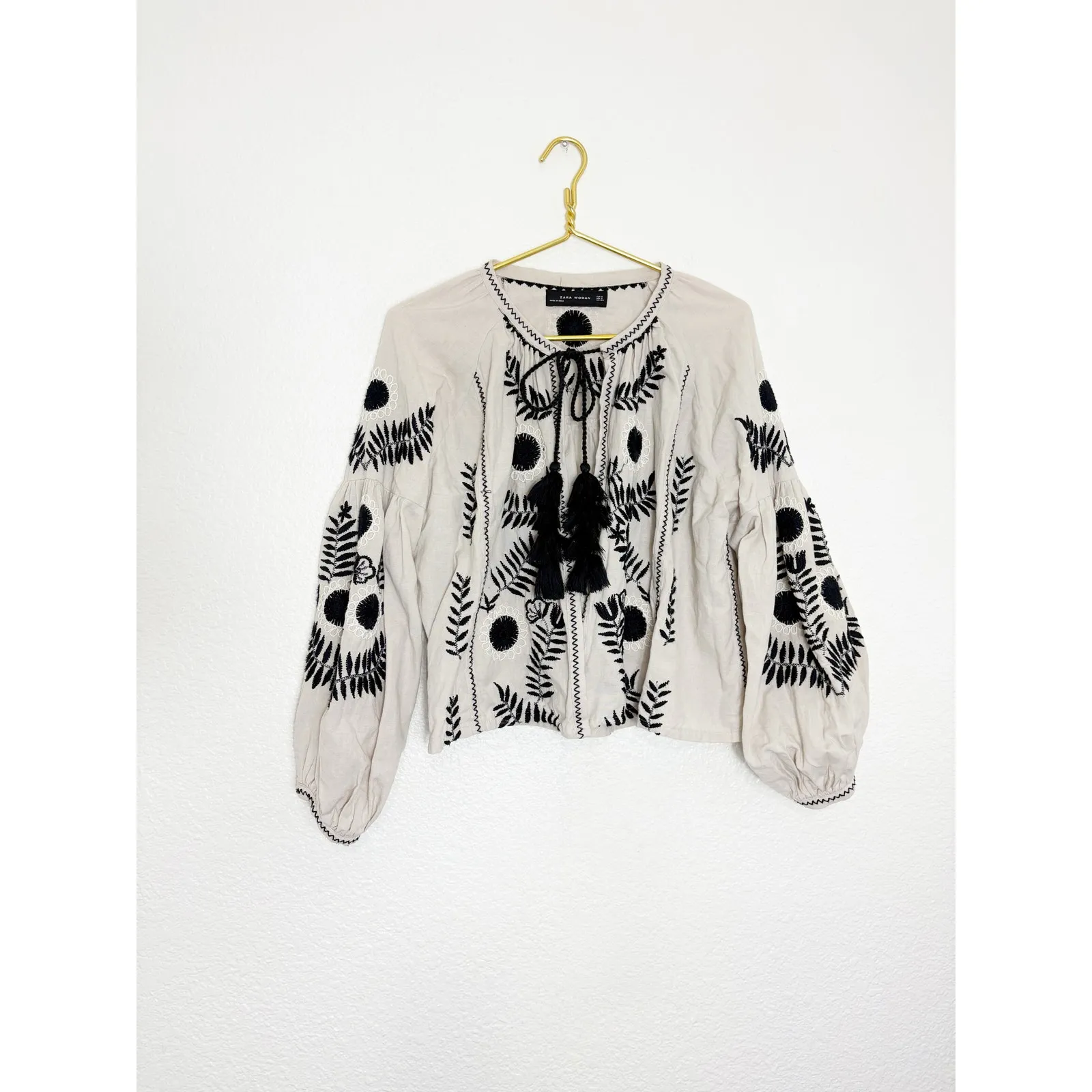 Zara Boho Embroidered Tassel Cardigan Small Cream Black Linen Cotton Western - Image 4