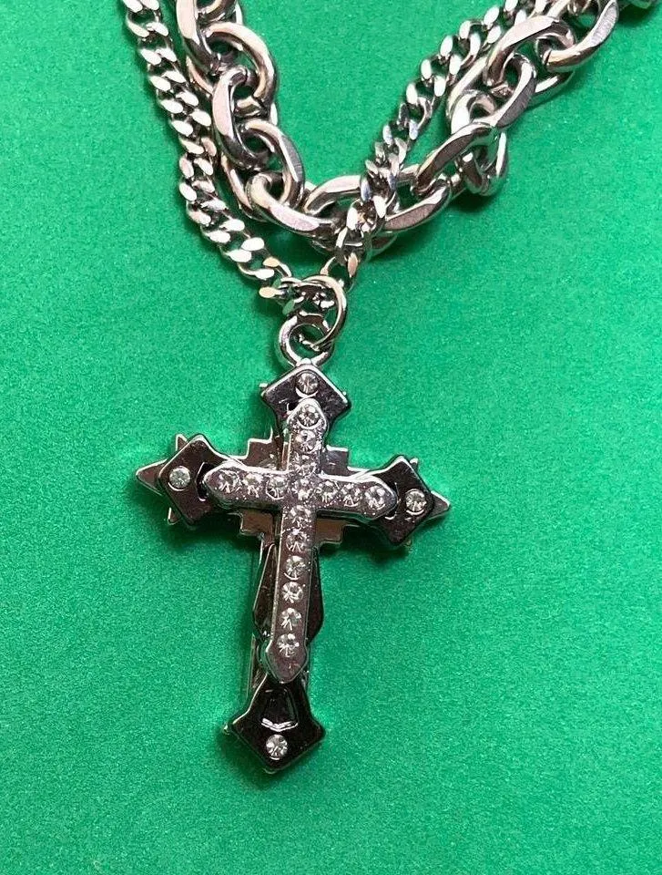 Titanium Steel Layered Cross Pendant Necklace for Men Women,Cross Necklace Silver - Image 3