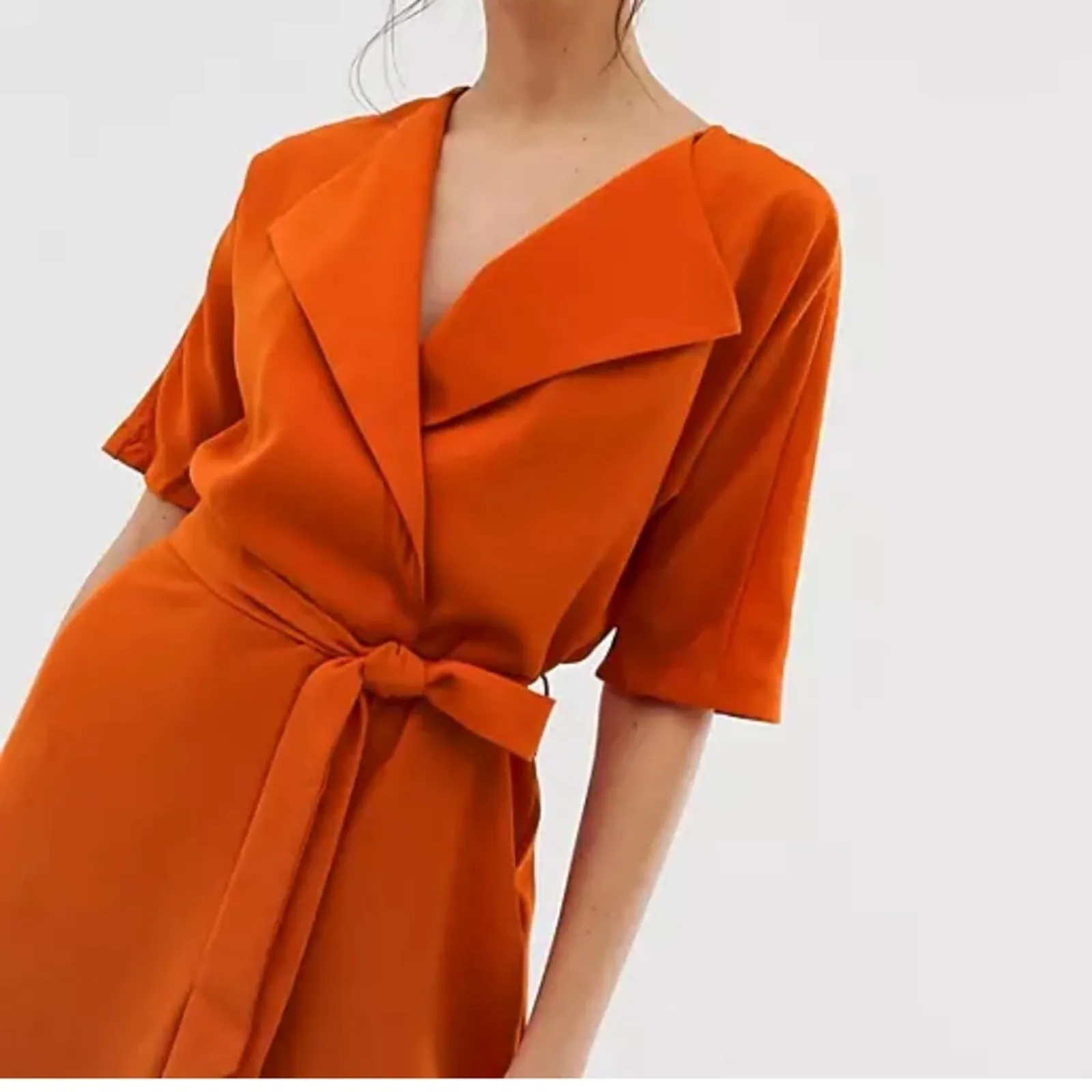 ASOS Orange Wrap Front Wide Leg Jumpsuit Womens 4 No Belt Fall Casual Collar - Image 2