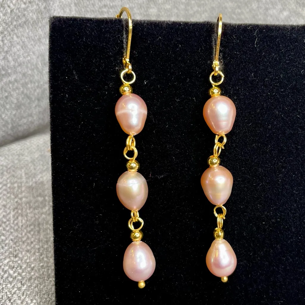 Natural Lavender Baroque Pearl Triple Drop Leverback Earrings Purple - Image 3