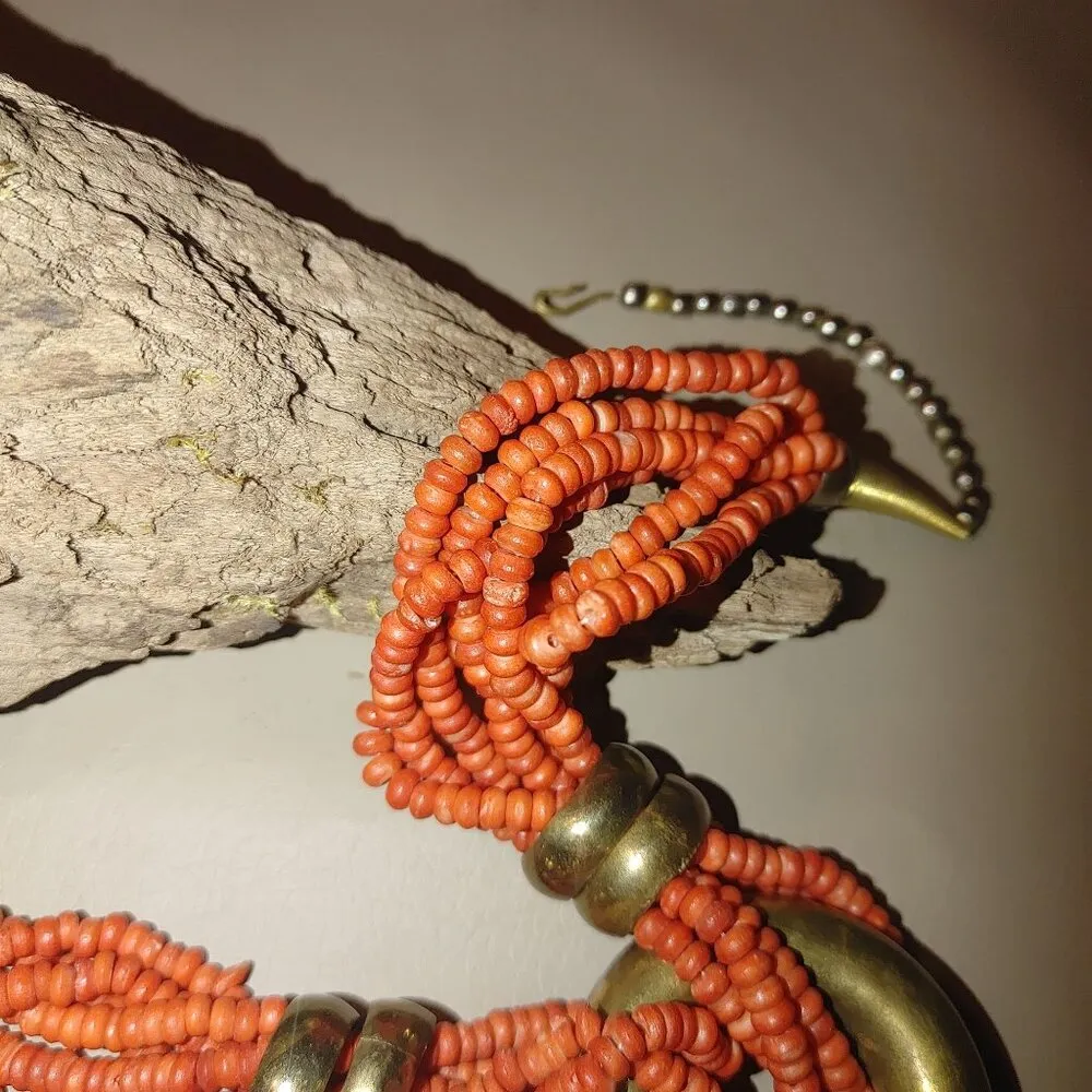 Orange Native Necklace Vintage 6 Multi Strand Glass Coral Brass Circular Pendan - Image 6