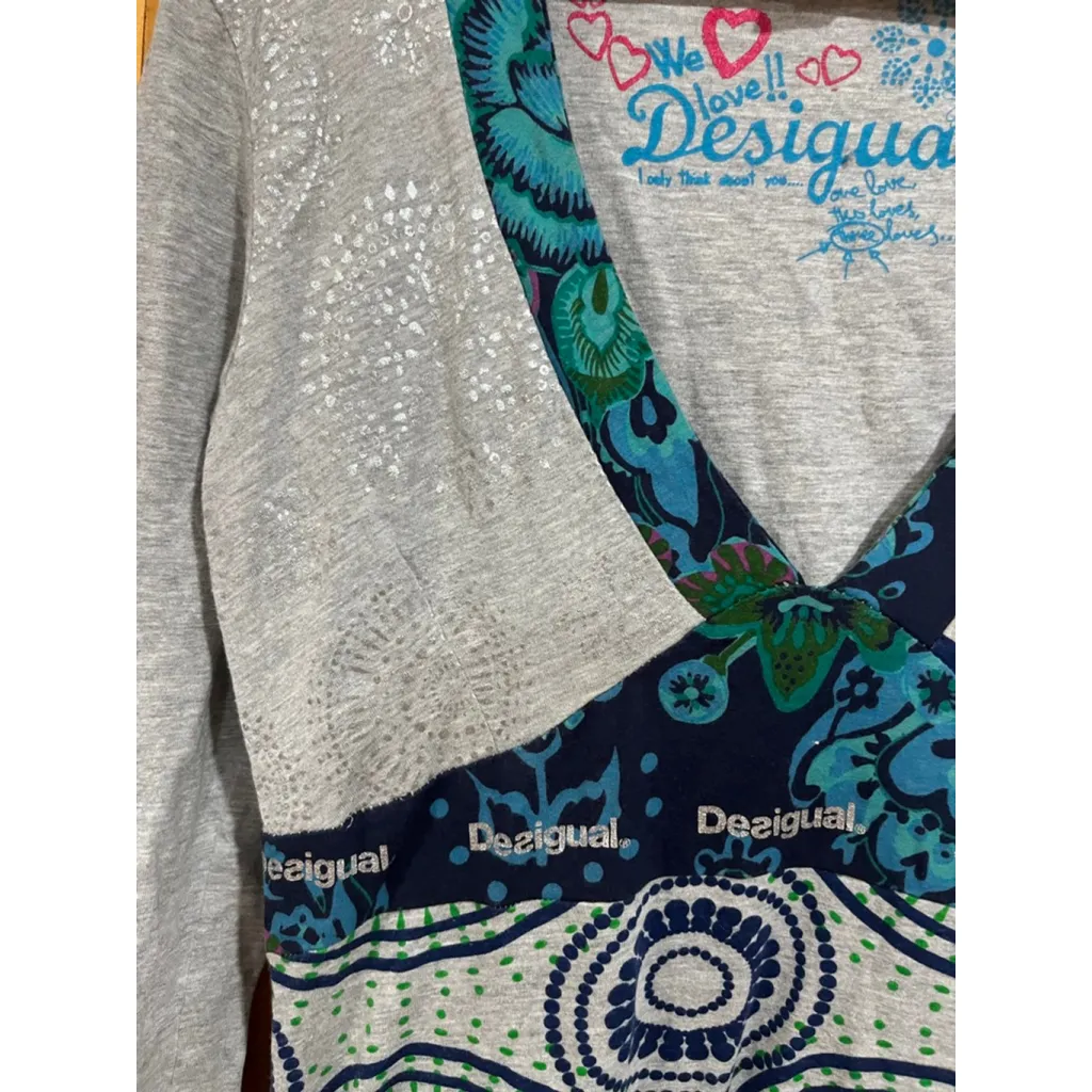 Desigual Long Sleeve Boho Tunic Dress Multicolor Print V-Neck Women’s XL - Image 2