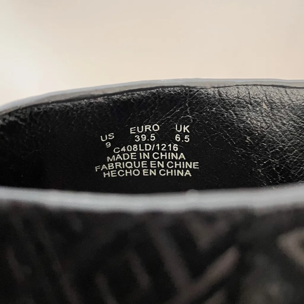 Kelsi Dagger Black Leather Suede Open Toe Strap Cuff Heels 9 Geometric Pattern - Image 11