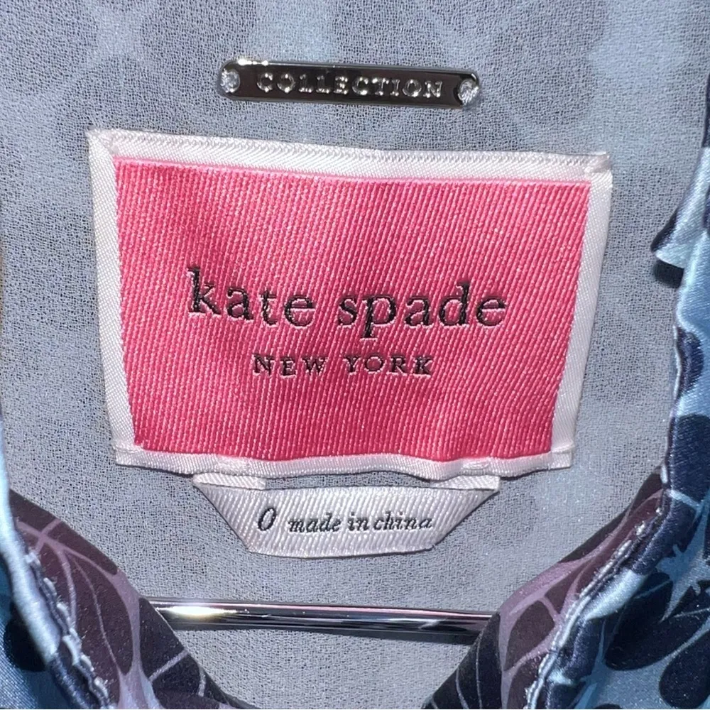 Kate Spade - Light Blue & Navy Floral
Print Mock Neck Silk Dress Sz 0 - Image 7