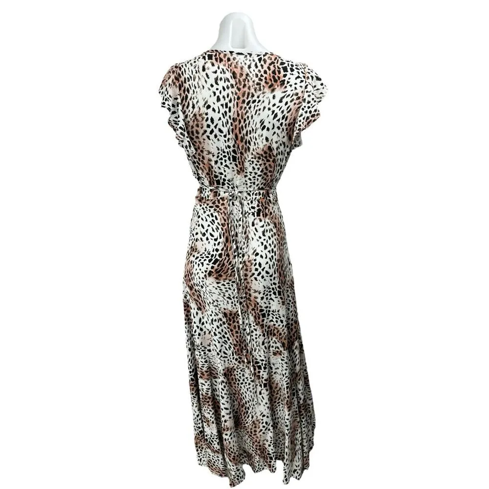 Kivari White Tan Leopard Print Short Sleeve Ruffle Fit & Flare Maxi Dress Size S - Image 2