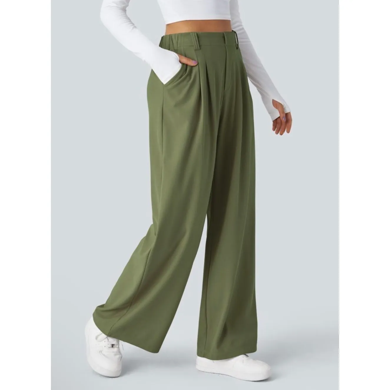 Halara Flex High Waisted Pocket Wide Leg Women Suit Work Pants Small green - Image 2