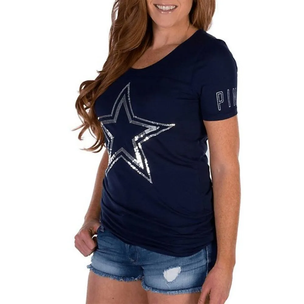PINK Victorias Secret Blue Silver Dallas Cowboys NFL Sequin Bling T Shirt XS - Image 7