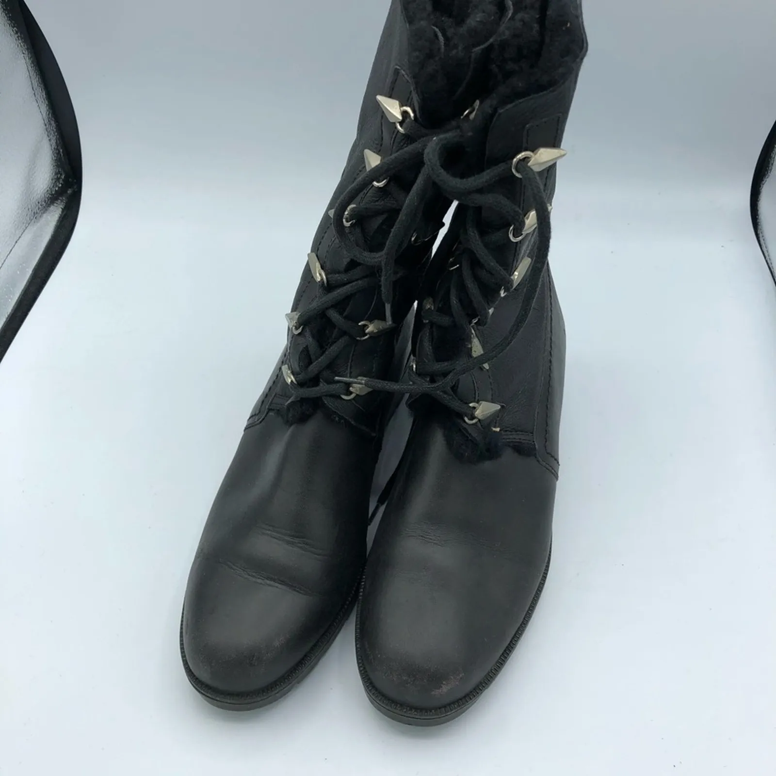 SGN Black Leather Lace Up Fur Trim Combat Boots Womens 37 Goth Witchy Whimsy Size 6 - Image 2