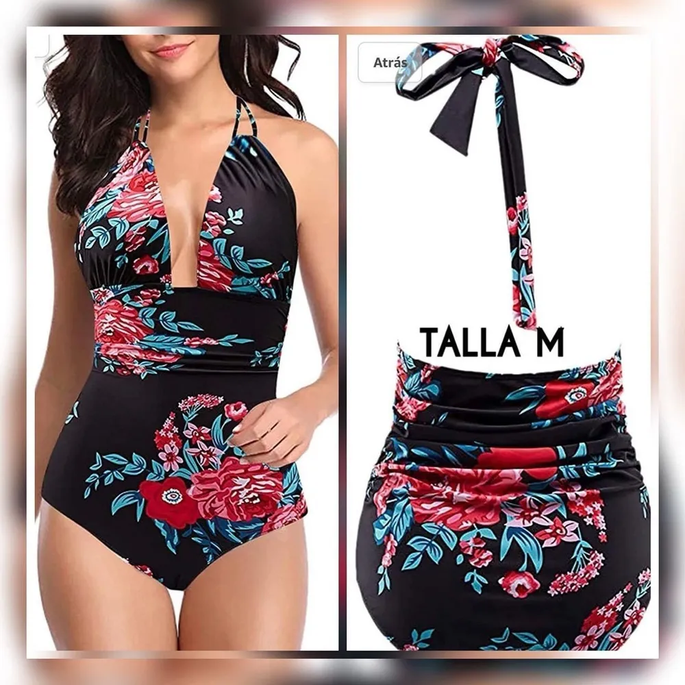 Black Floral Swimsuit Tummy Control Deep Plunge Backless Halter SMALL NWT #6284 Red - Image 2