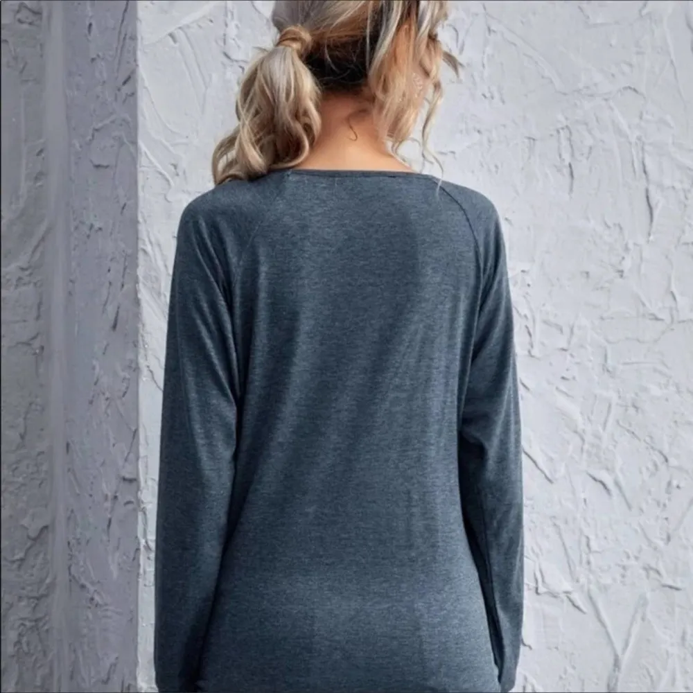 Keyhole Blue Hue Self Tie Front Long Sleeve Shirt - Image 6