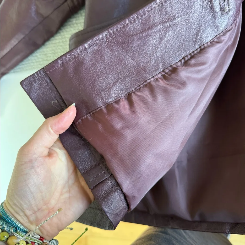 Vintage 70s 80s Salon Studio Burgundy Oxblood Leather Chore Coat Jacket Sz XL Red - Image 10