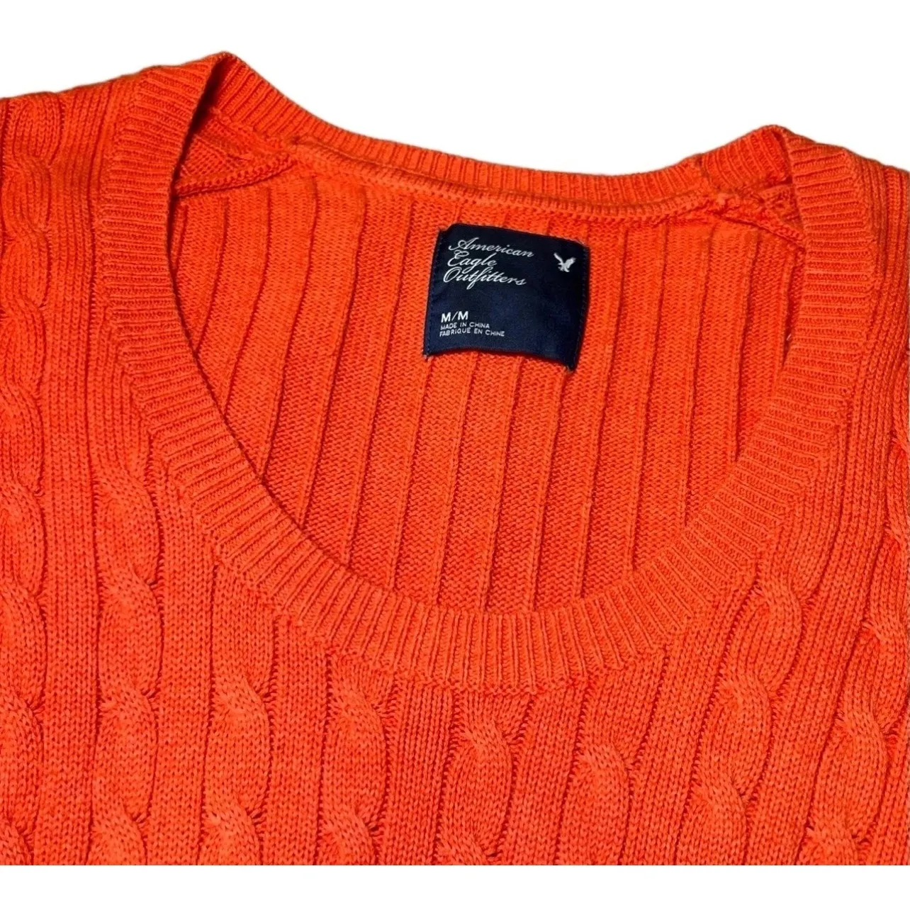 American Eagle Cable Knit Sweater Mens Medium Orange Scoop Neck Boho Cozy Warm - Image 7