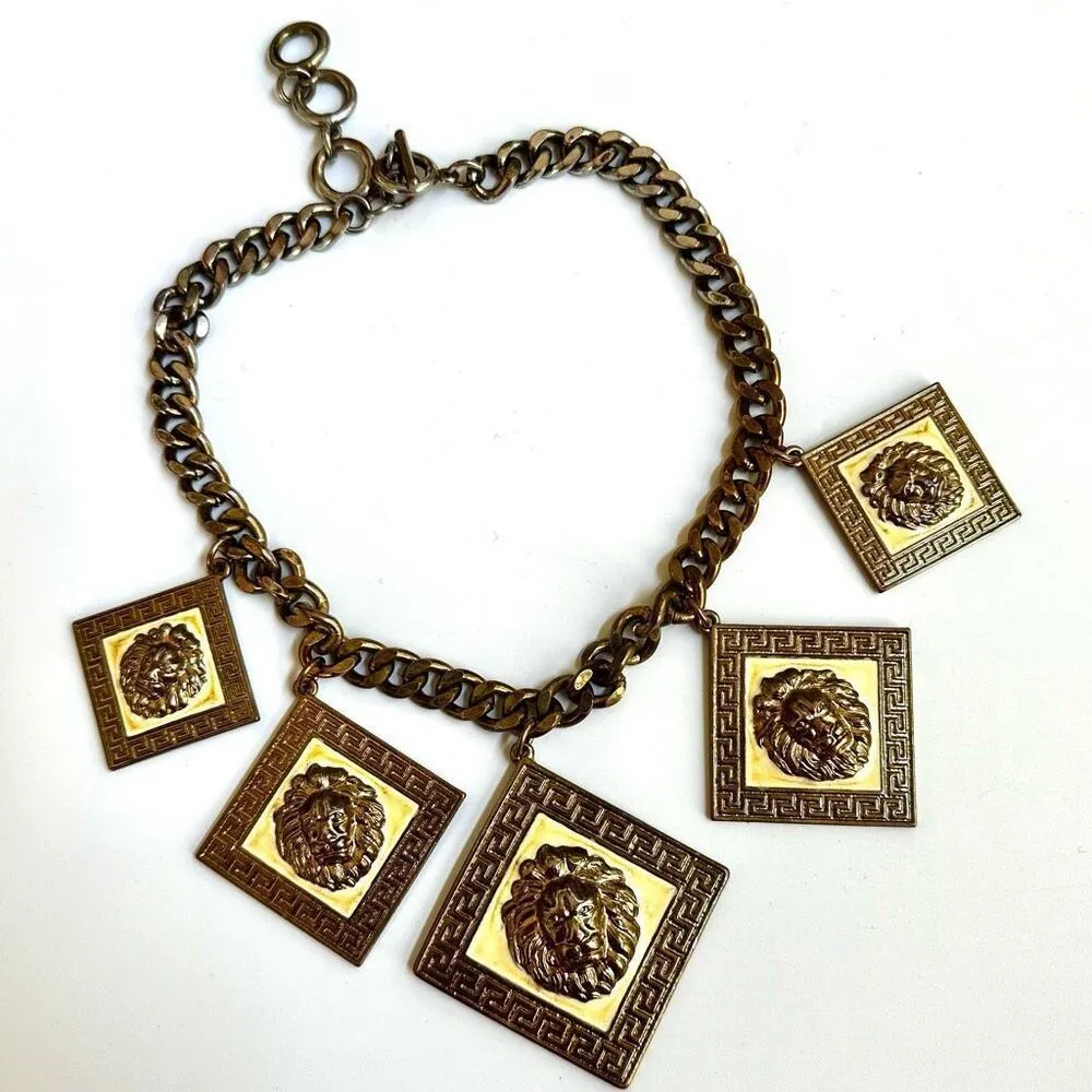 Vintage gold tone and cream multiple square Lion statement Necklace - Image 2