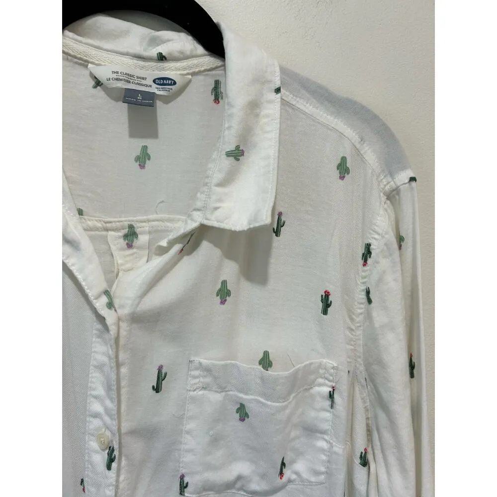 Old Navy classic button down shirt size L white with cactus print cotton blend - Image 2