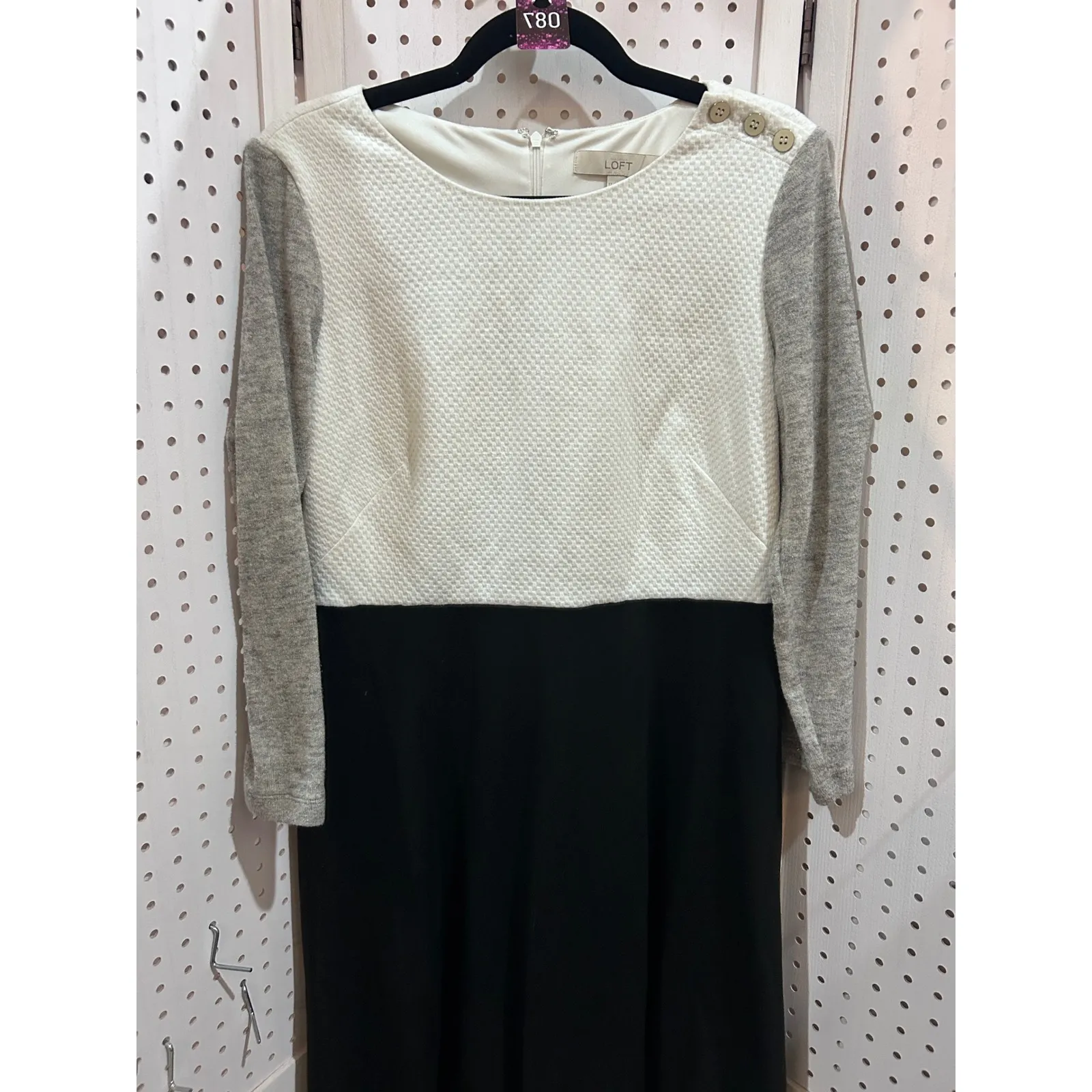 LOFT Black White Textured Knit Sweater Dress Women's Size 12 Long Sleeve - Image 2