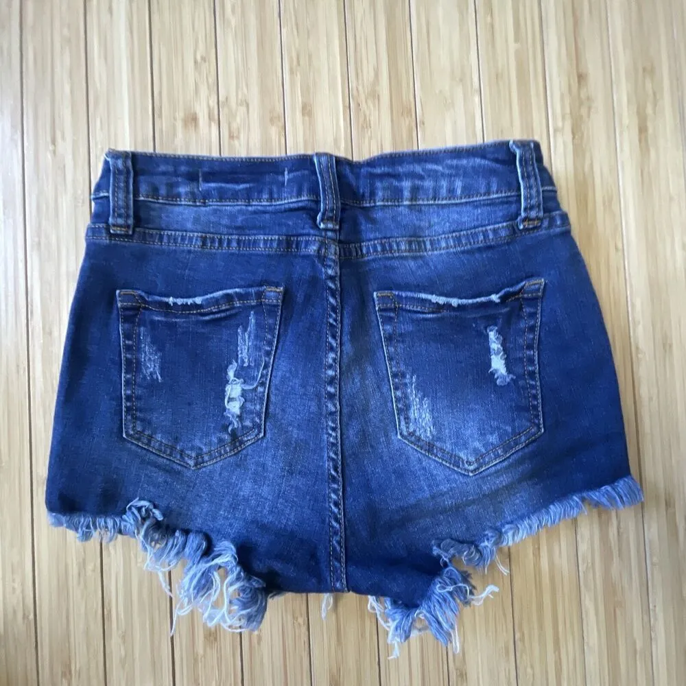 Papaya High Rise Kylie destroyed Blue Denim Jean Shorts Button Fly Raw Hem Small - Image 5