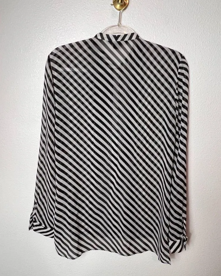 Armani Exchange  Long Sleeve Button Down Sheer Ruffle Striped Top Size L - Image 2