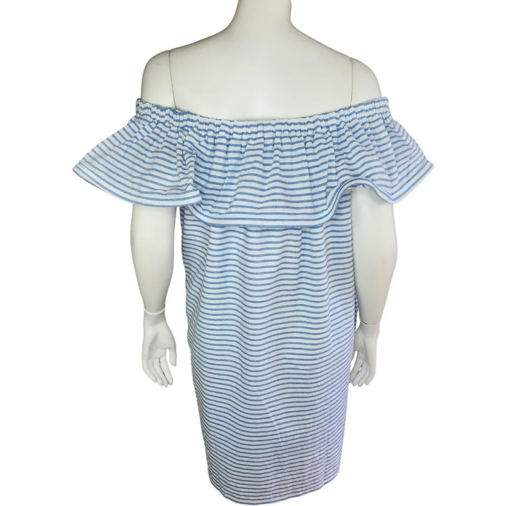 Revolve Line & Dot Dress Womens Large Lea Blue White Stripe Off Shoulder Ruffle - Image 69