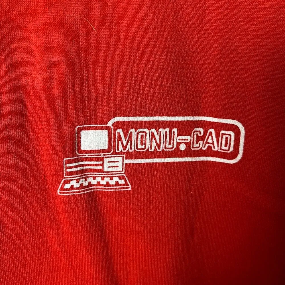 Vintage 90s Monu-Cad Computer T-Shirt Red Large Graphic Tee USA 50/50 Unisex - Image 5