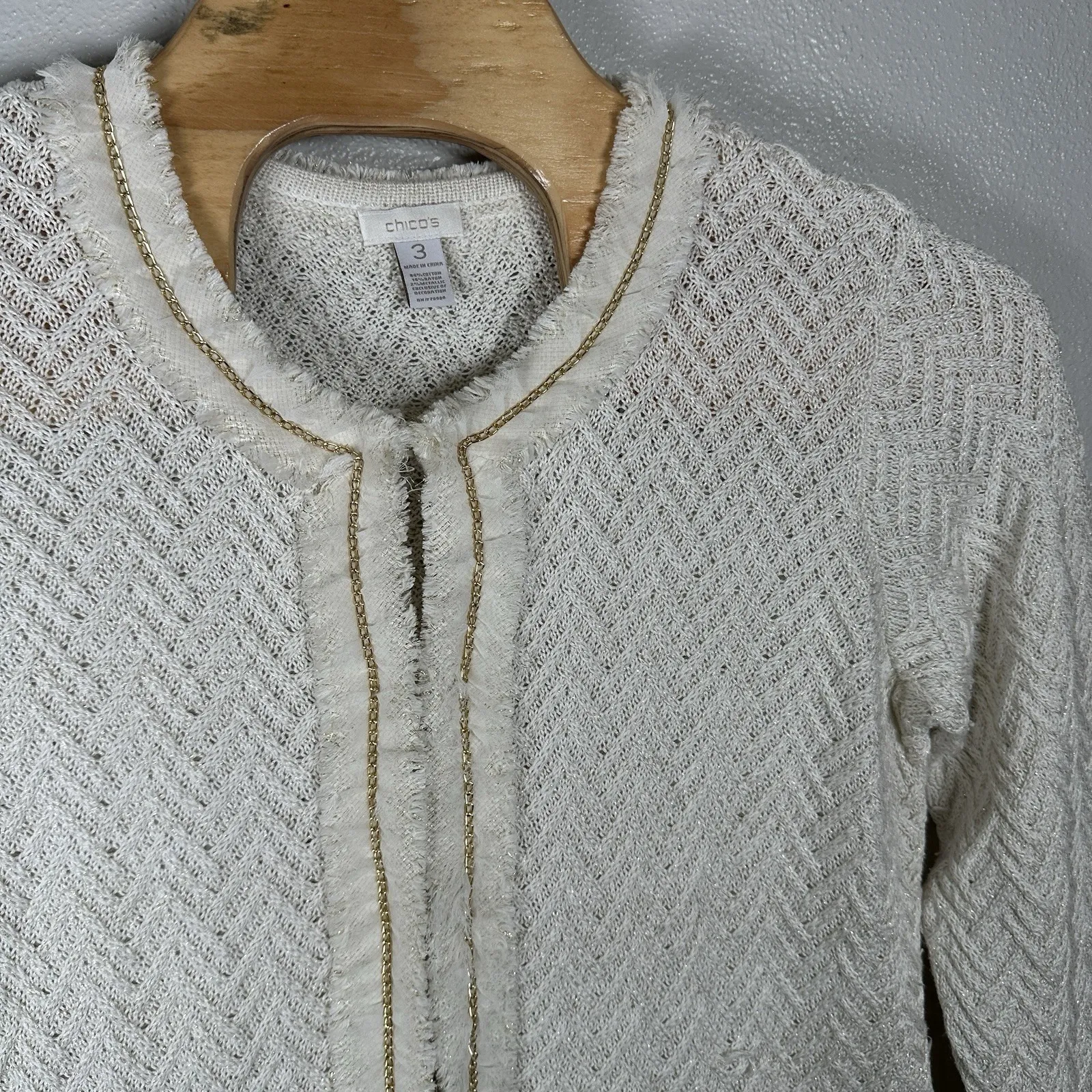 Chicos Womens Size 3/XL Ivory Metallic Cardigan Jacket Chain Detail Cotton Blend - Image 2