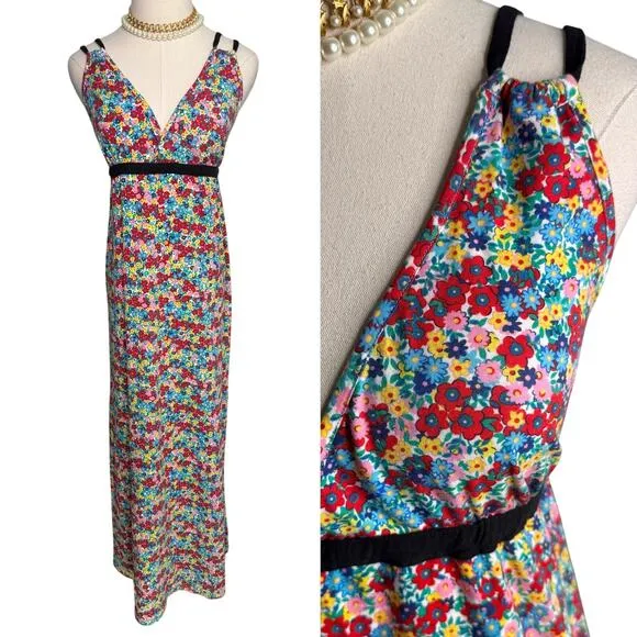 Joe Boxer cotton floral print adjustable waist maxi dress red blue size medium M - Image 2