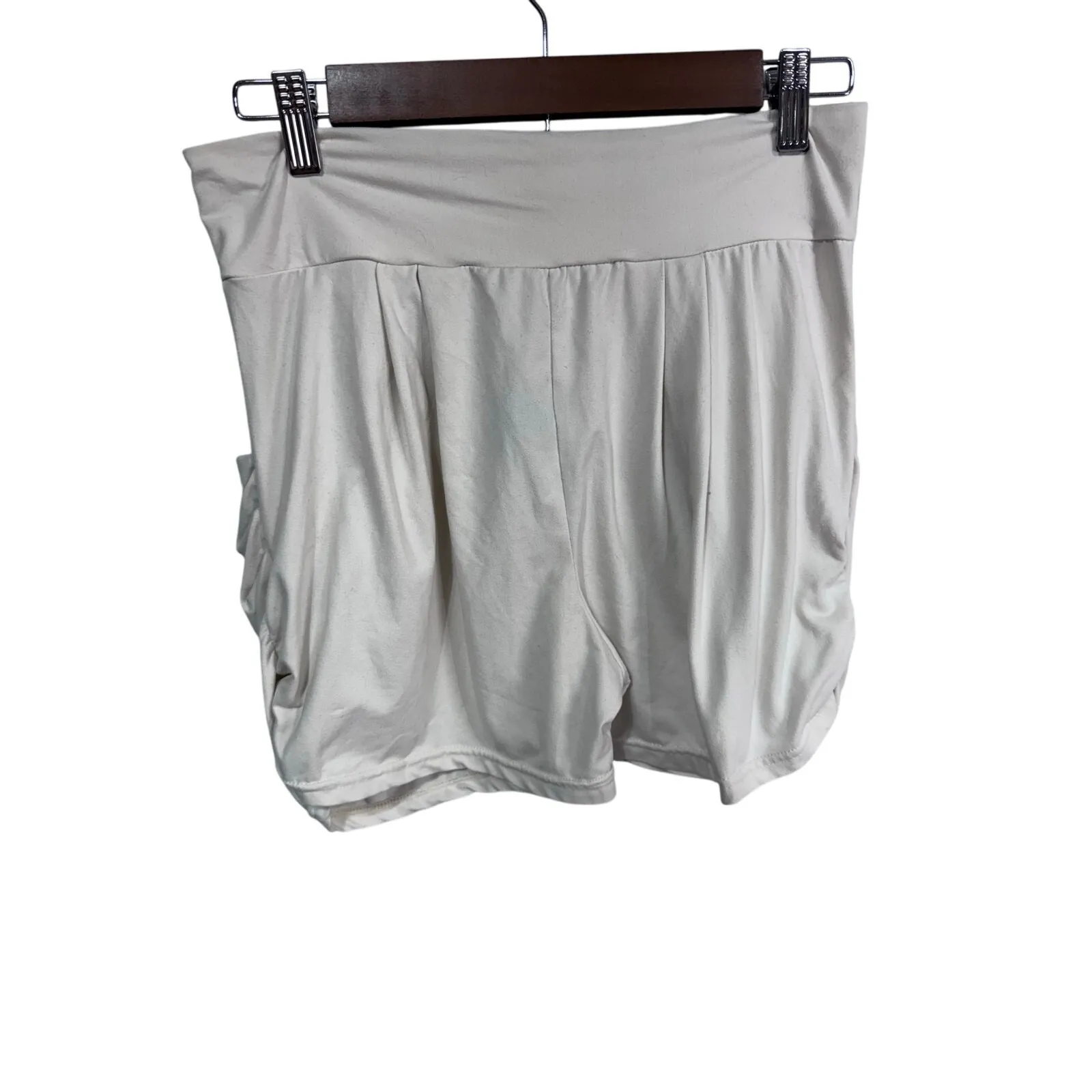 Conceited Women's Beige High Waist Ruched Lounge Shorts Stretch Comfy Size Large - Image 4