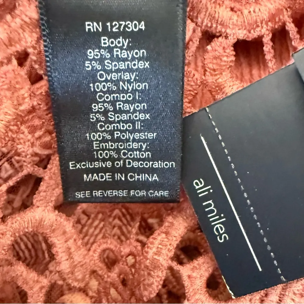 Ali Miles Embroidered Top Size Medium Sequin Sheer Lace Crochet Assymetrical NWT Orange - Image 7