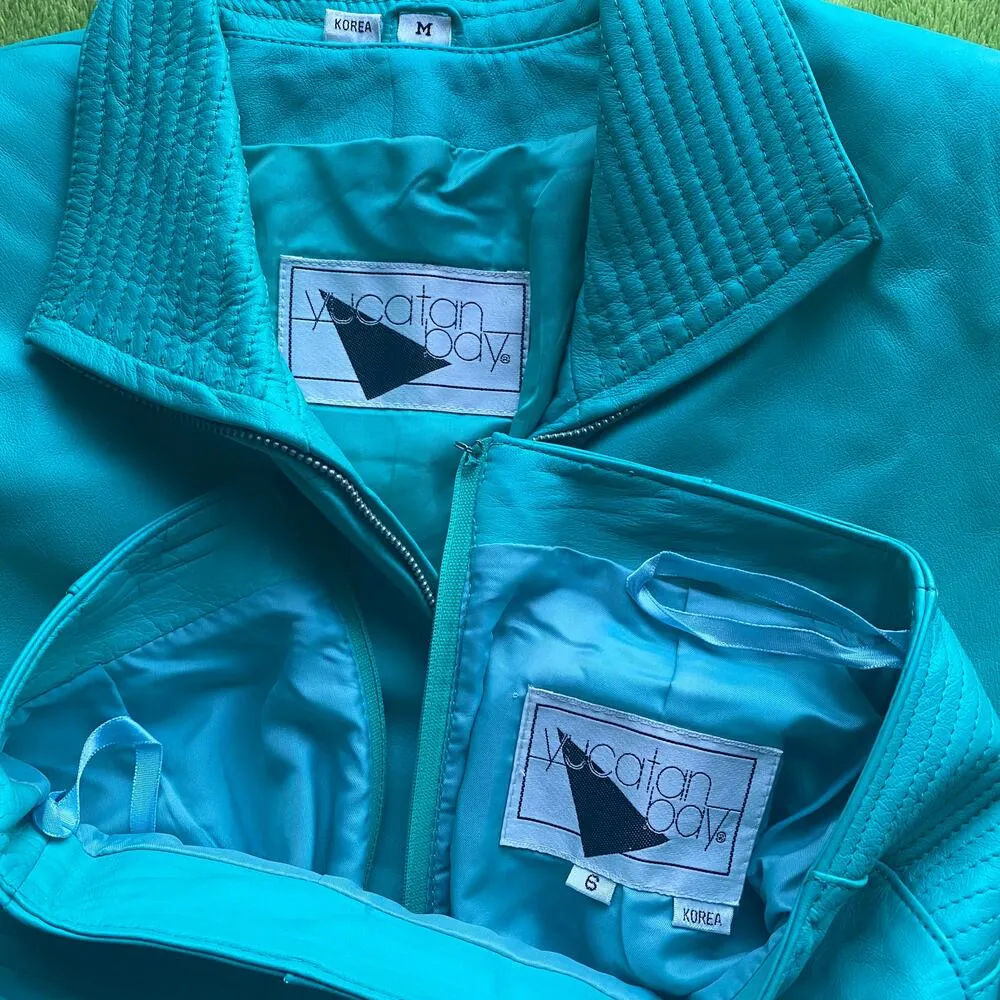 Vintage 80s Yucatan Bay Teal 2 Piece Leather Mini Skirt Jacket Matching Suit Set - Image 10