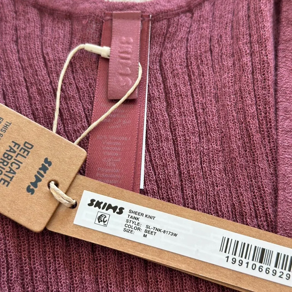 Skims Sheer Knit Plunge Tank in Beet, Size Medium - Image 9