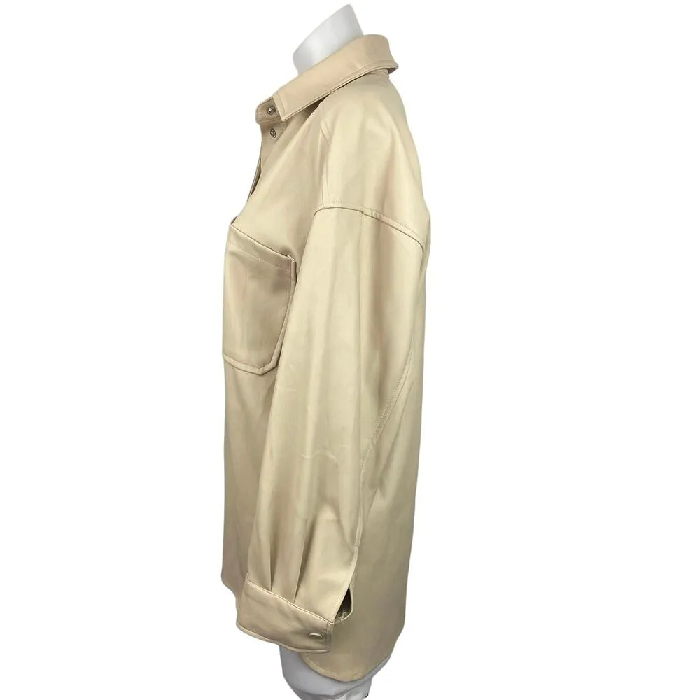 Primark Beige Faux Leather Button Down Long Sleeve Pockets Shirt Shaket Jacket 6 - Image 2