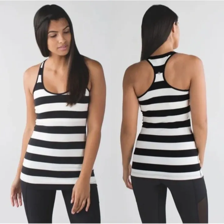 Lululemon Tank Top Women Sz 8‎ Cool Racerback Black White Stripe Athletic Gym - Image 2