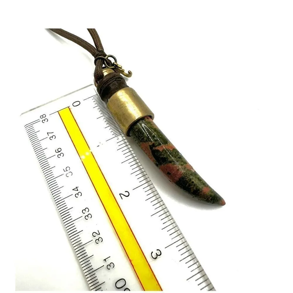 Unakite horn pendant brass and brown cord OM charm necklace - Image 6