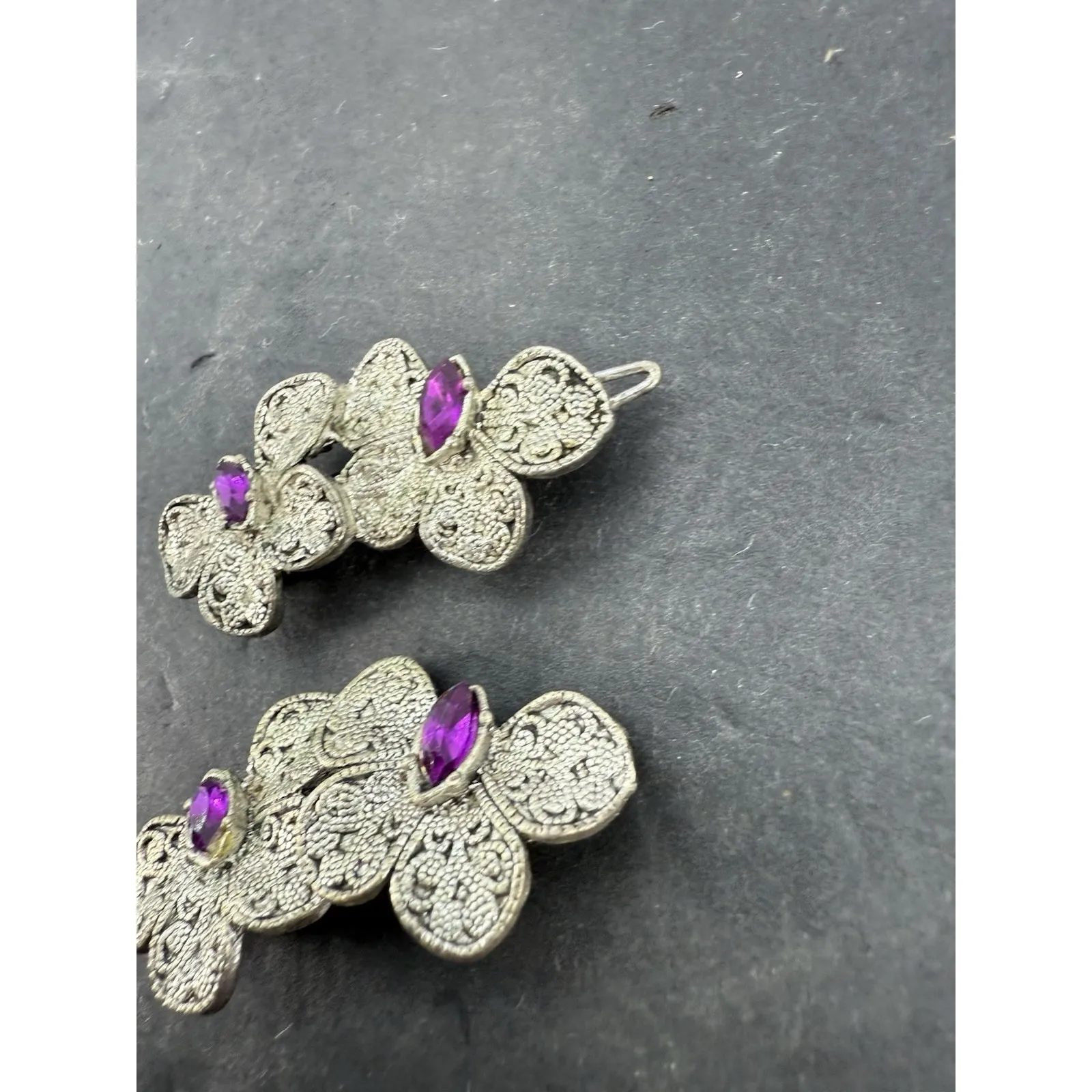 Lot Of 2 Vintage Butterfly Hair Barrette Clip Purple Enamel Rhinestones Silver - Image 3