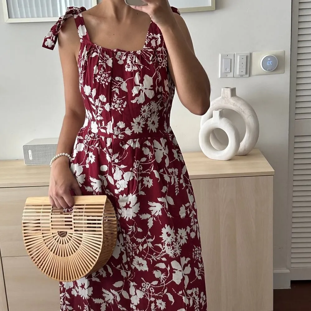 Outerknown Floral Maxi Dress Womens Small Cotton Silk Red White Pockets NWOT - Image 3