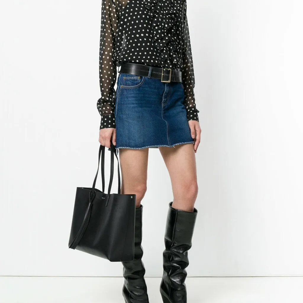 SAINT LAURENT BLACK LEATHER PERFORATED LOGO LARGE TOTE - Image 5