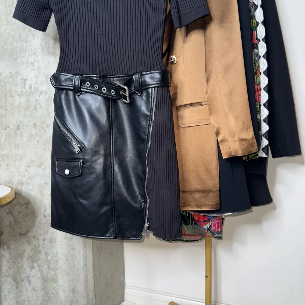 SIMKHAI Anisa Belted Mini Faux Leather Trim Dress in Black Size M - Image 6