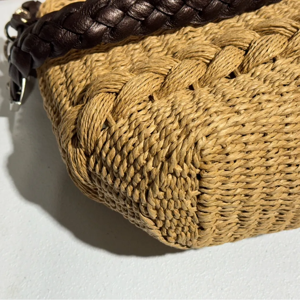 Brighton Brown Leather Trim Woven Straw Handbag Braided Accent Leopard Lining - Image 7