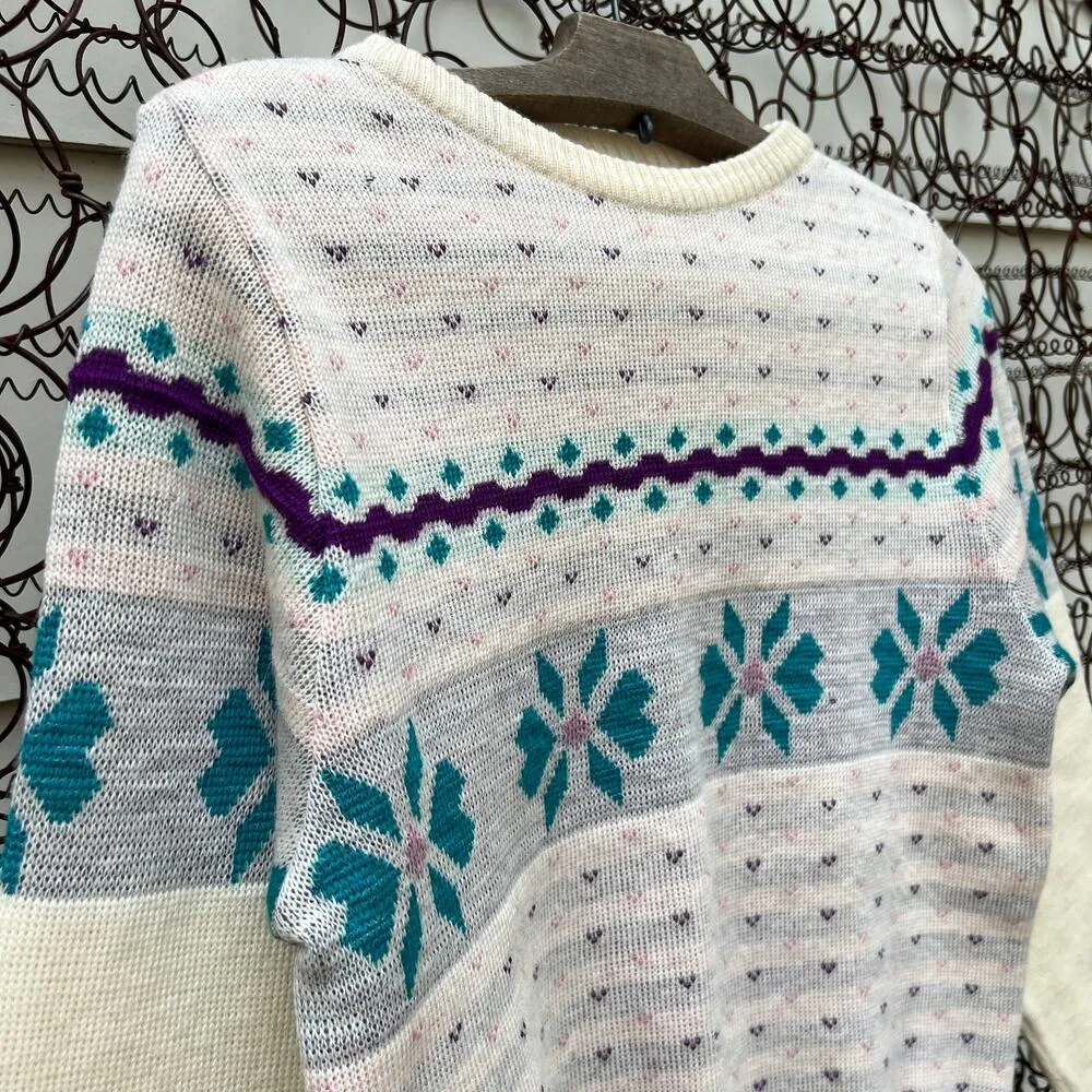 VTG Rockee USA fair isle ski gorpcore pastel ice blue wool knit sweater SMALL - Image 2