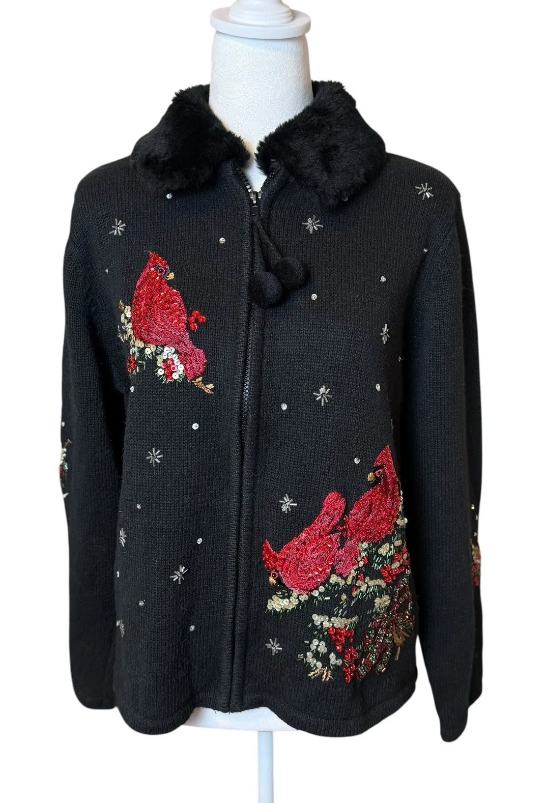 Carly St Claire Cardinal Sweater Red Birds Medium Sequins Beads Faux Fur Collar Black - Image 1