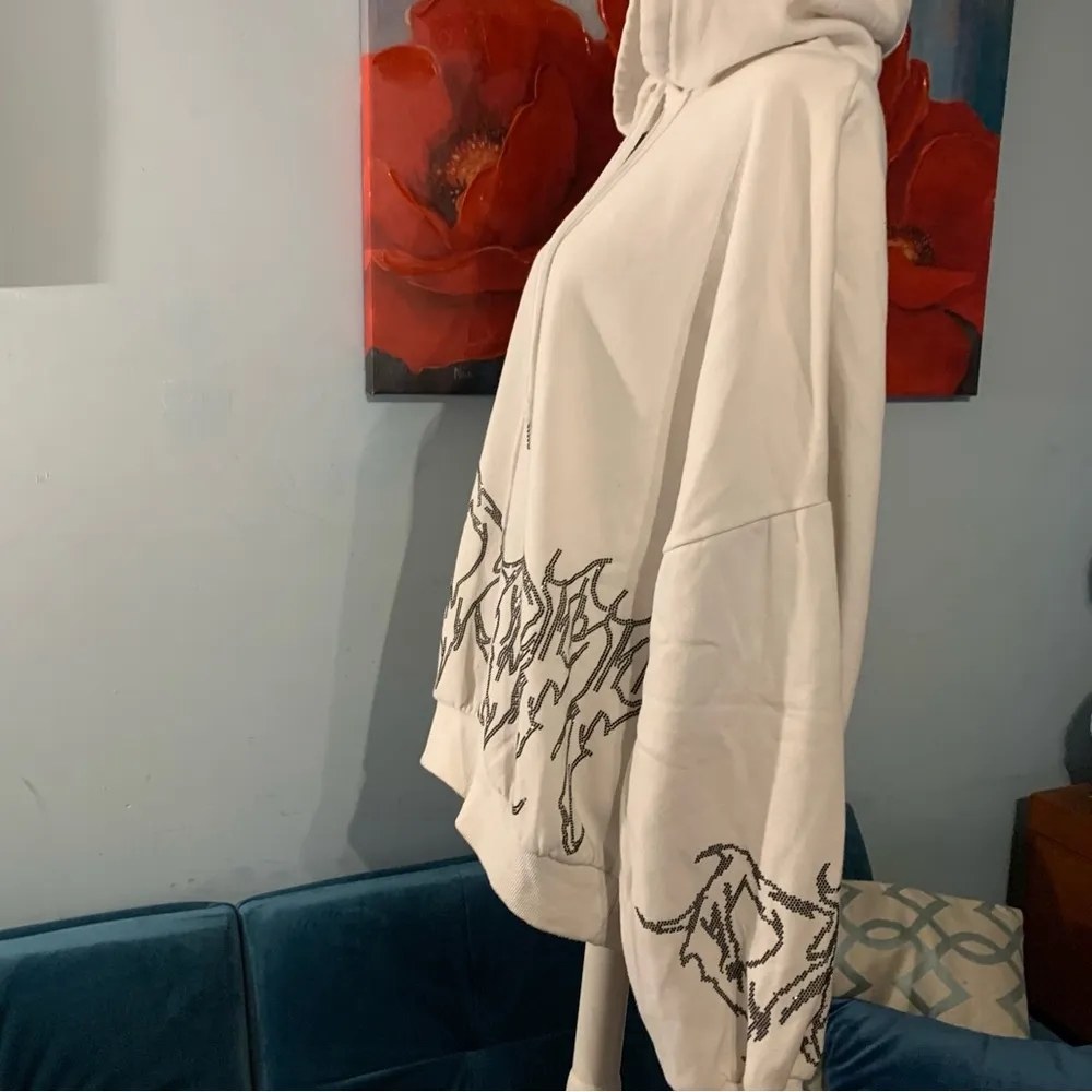 Adika Sweater Womens L Large Hooded Sweatshirt Flames Casual White Rhinestone - Image 3