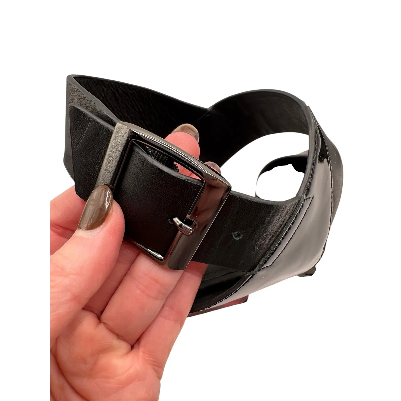 United Nude Shoes Women 9 Black Delta Run Patent Leather Red Gem Block Heel - Image 7