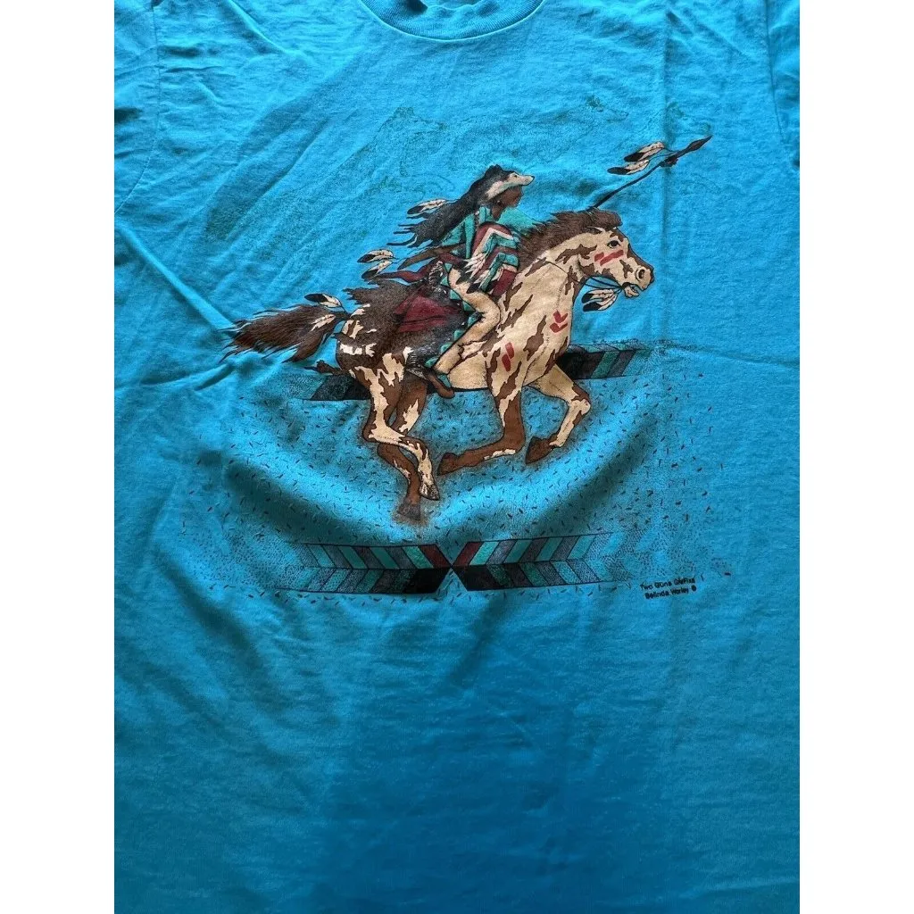 VTG Y2K 90s SCREEN STARS BEST MADE IN USA INDIAN NATIVE T SHIRT SZ Large‎ Blue - Image 8