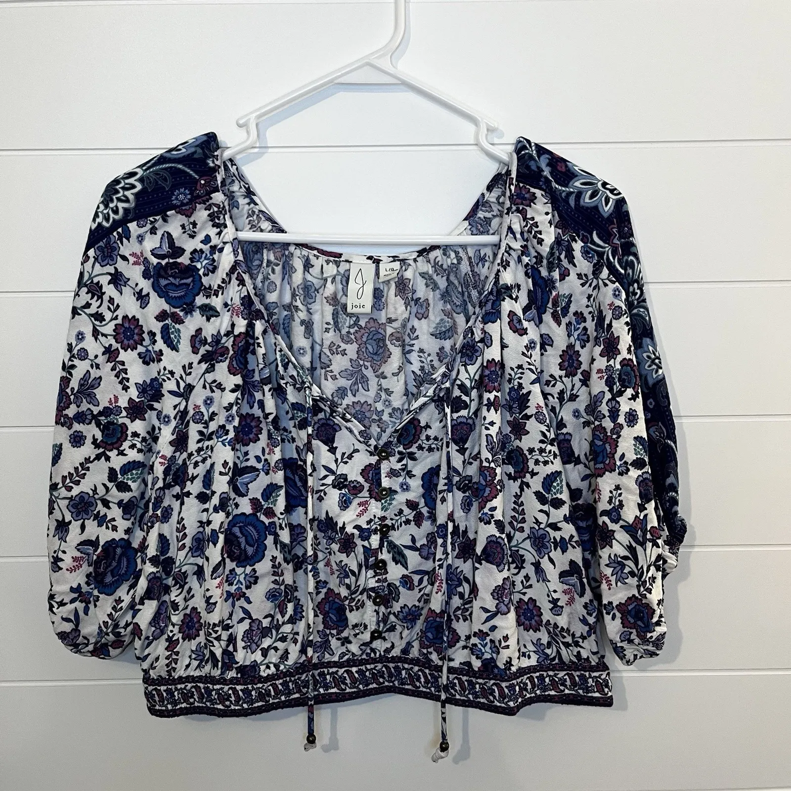 Joie Womens Cropped Blouse 3/4 Sleeve Floral Blue Purple Print Size Large - Image 2