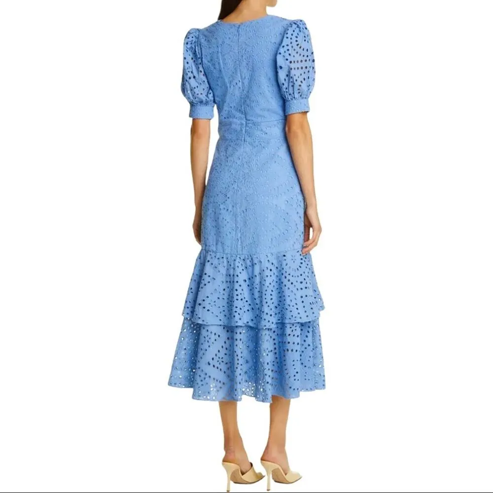 IORANE Laise Lace Midi Dress Blue Eyelet Tiered Ruffle Short Sleeve Dress Small - Image 2