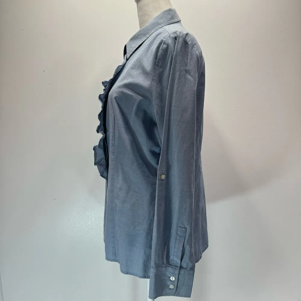 Talbots Blue Chambray Button Front Ruffle Tailored Collared Cotton Shirt Sz 10 - Image 4