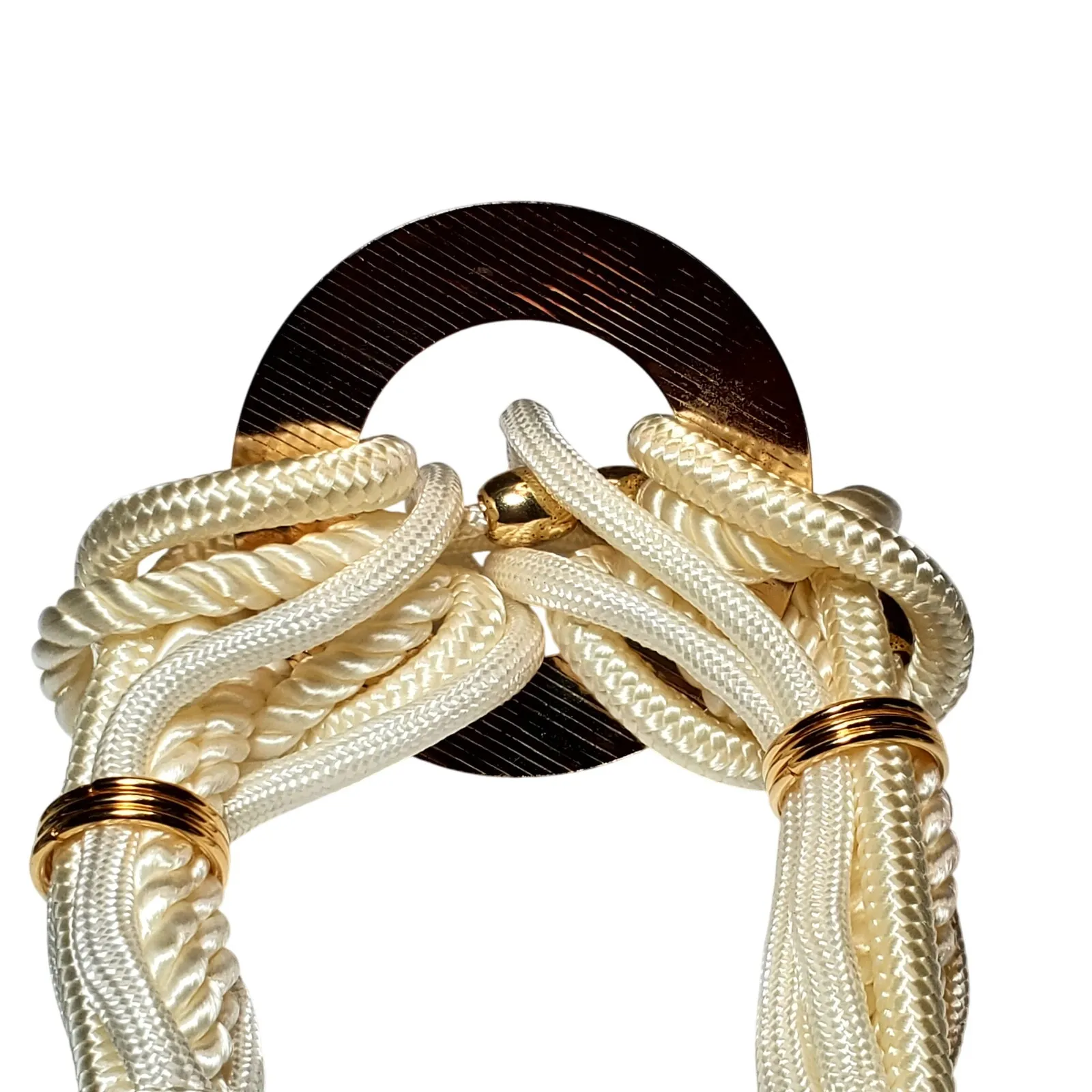 Vintage 80s Braided Cord Belt Size Medium Large Stretch Chunky Medallion 32" White - Image 6