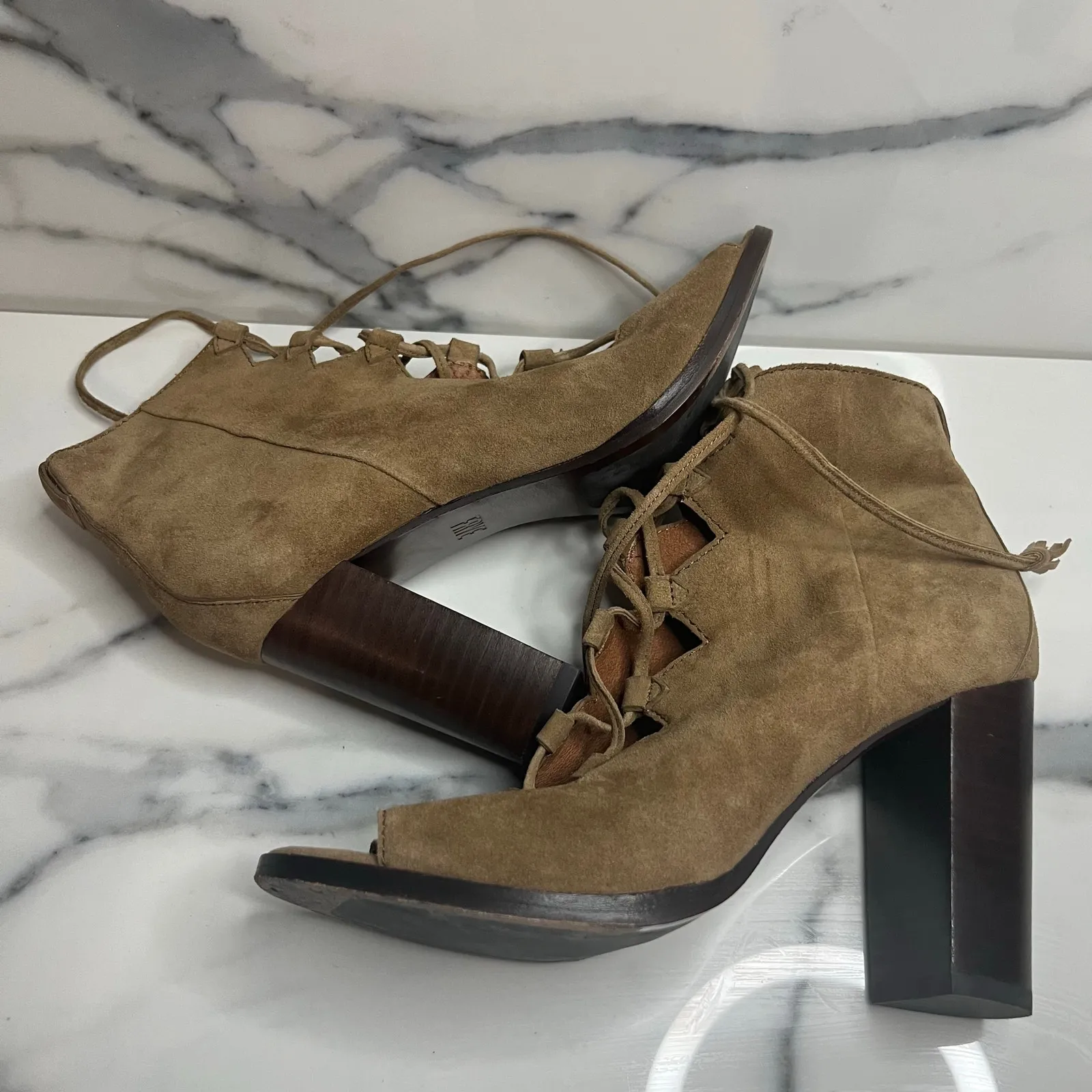 Frye Womens Tan Suede Gabby Ghillie Shooties Sz 7 Peep Toe Lace-Up Festival Boho - Image 8