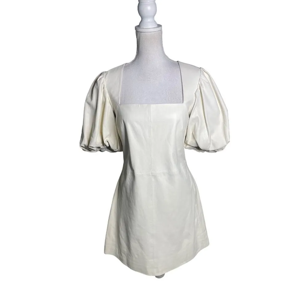 FRAME Denim Nina Puff Sleeve Leather Mini Dress Bone Womens Size Large - Image 3