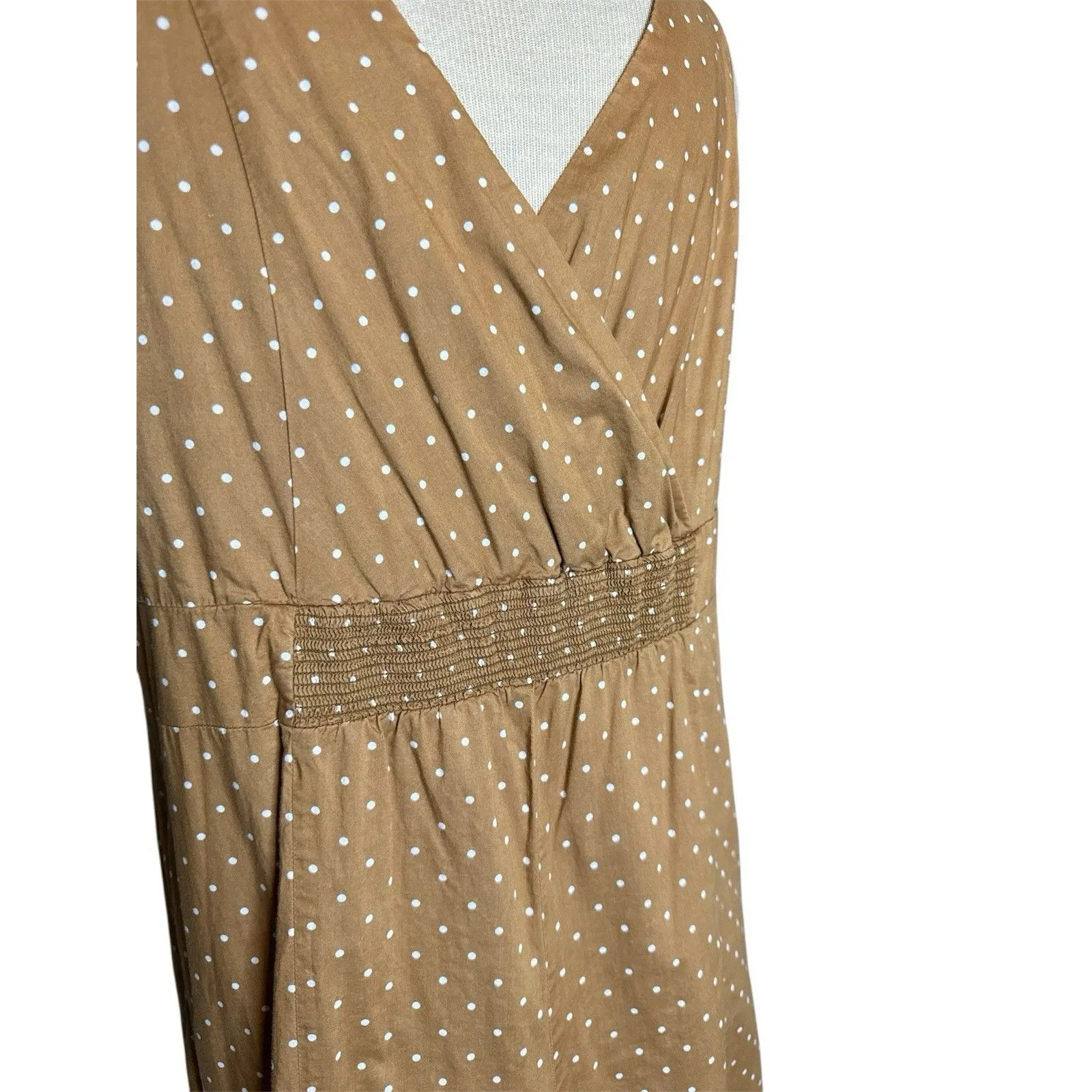Lands End Midi Dress Size 14 Brown White Polka Dot Surplice Faux Wrap Sleeveless - Image 5